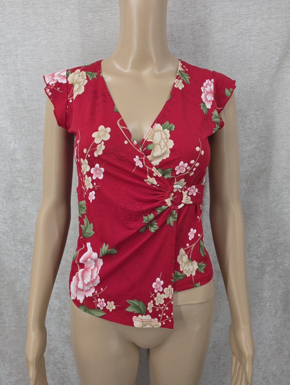 Y2K Wild Cat Cherry Red Floral Fauxl Wrap Front Blouse Top